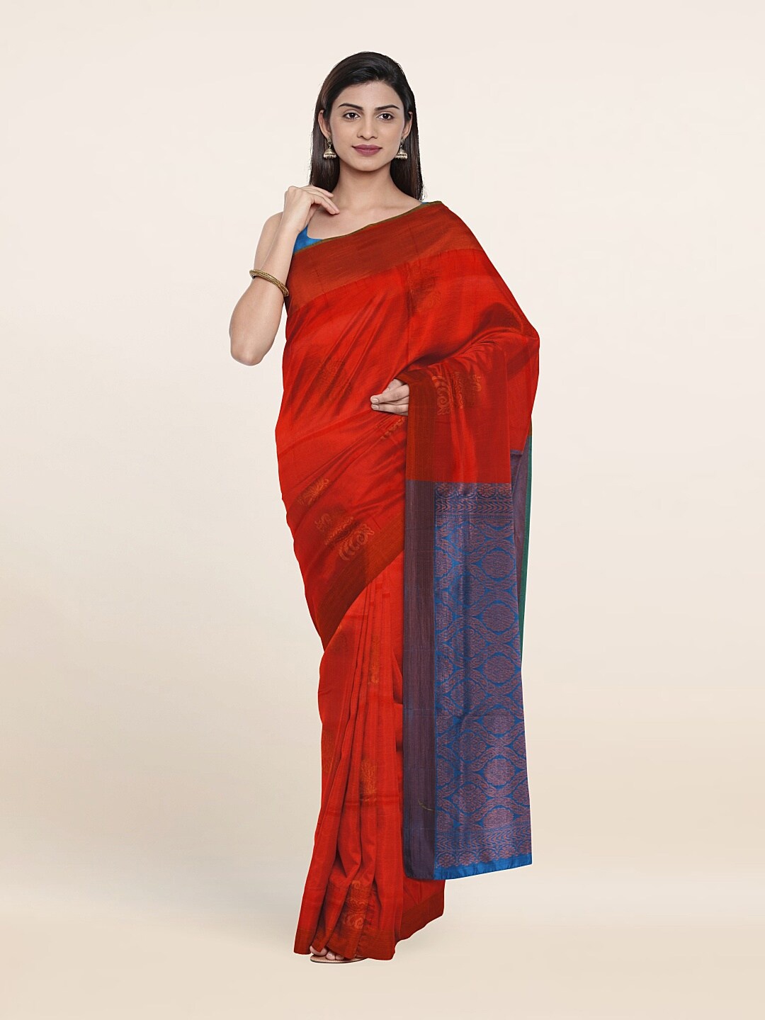 

Pothys Red & Blue Ethnic Motifs Zari Pure Silk Saree