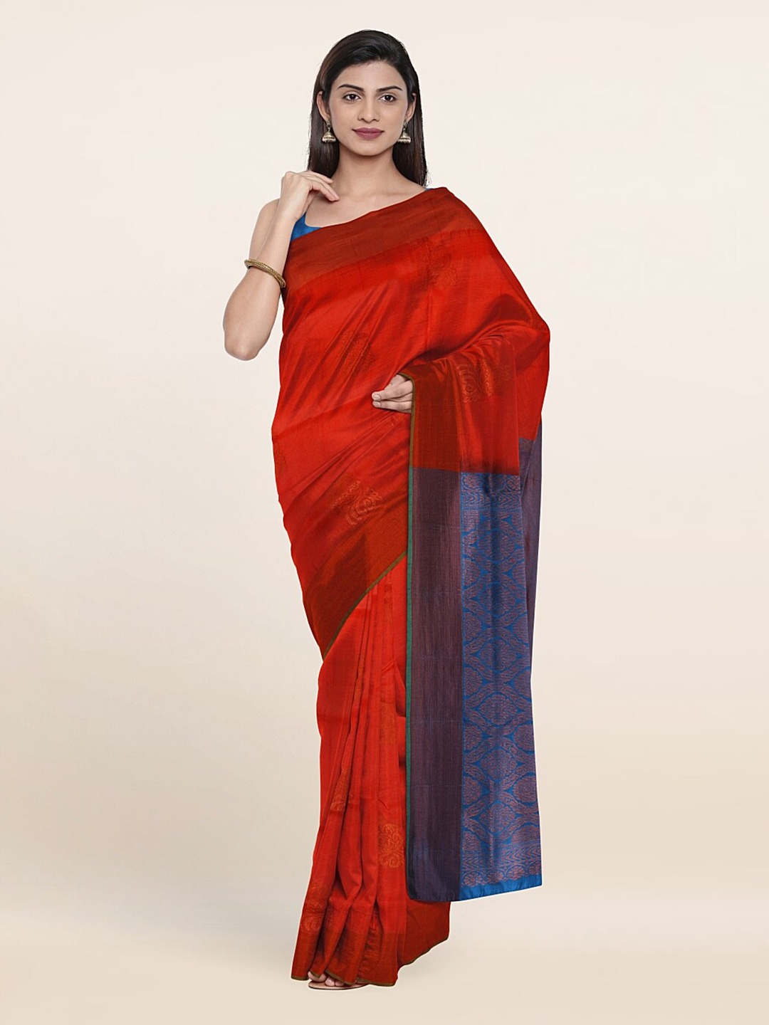 

Pothys Red & Blue Ethnic Motifs Zari Pure Silk Saree