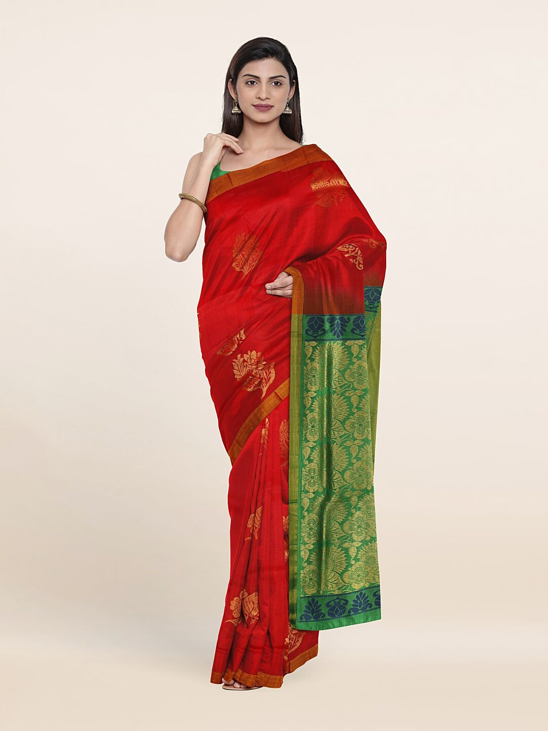 

Pothys Red & Green Ethnic Motifs Zari Pure Silk Saree