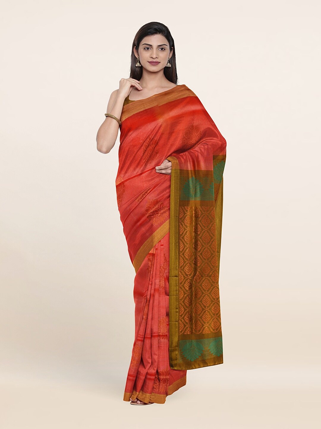 

Pothys Pink & Green Ethnic Motifs Zari Pure Silk Saree
