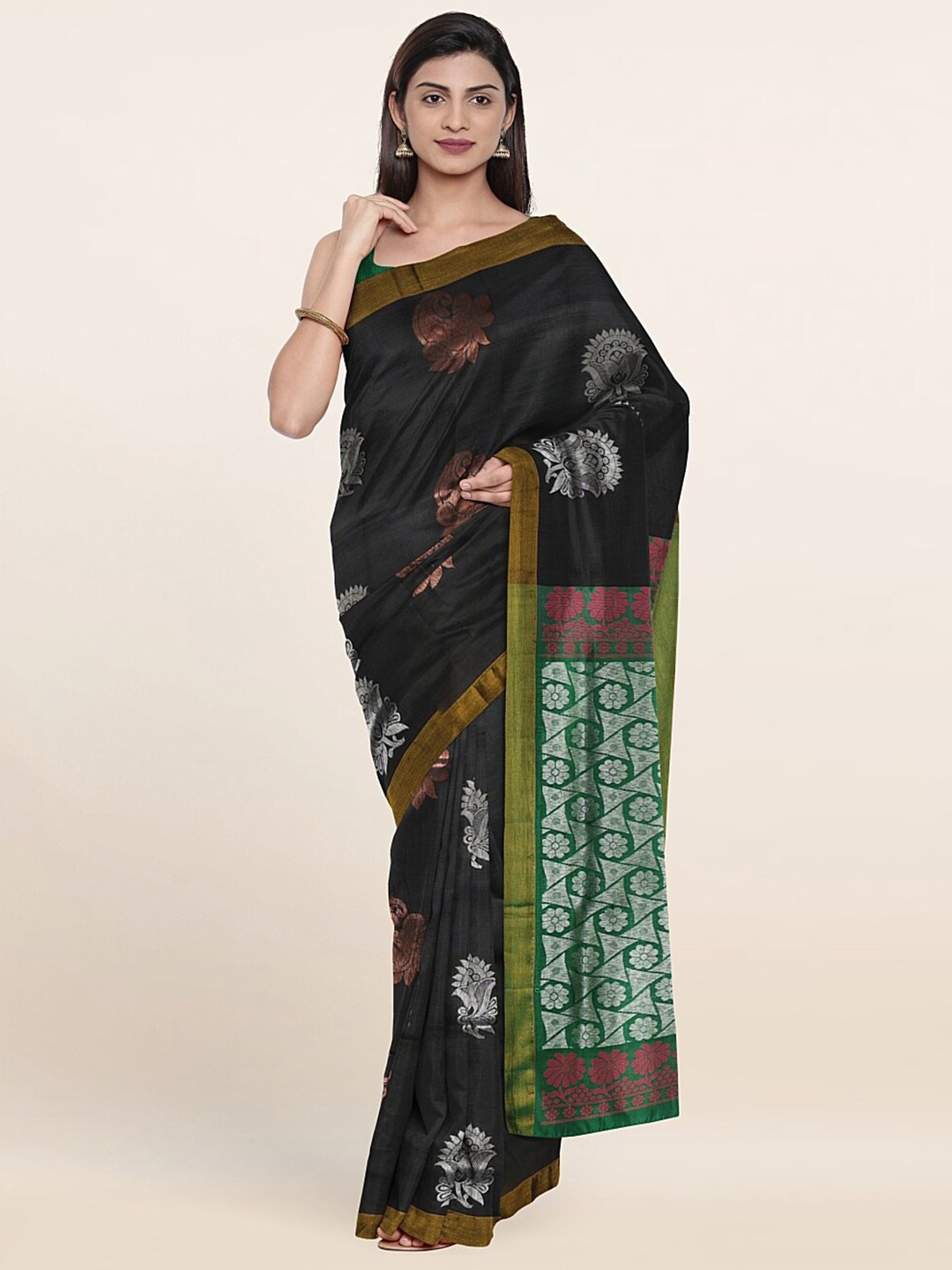 

Pothys Black & Green Ethnic Motifs Zari Pure Silk Saree