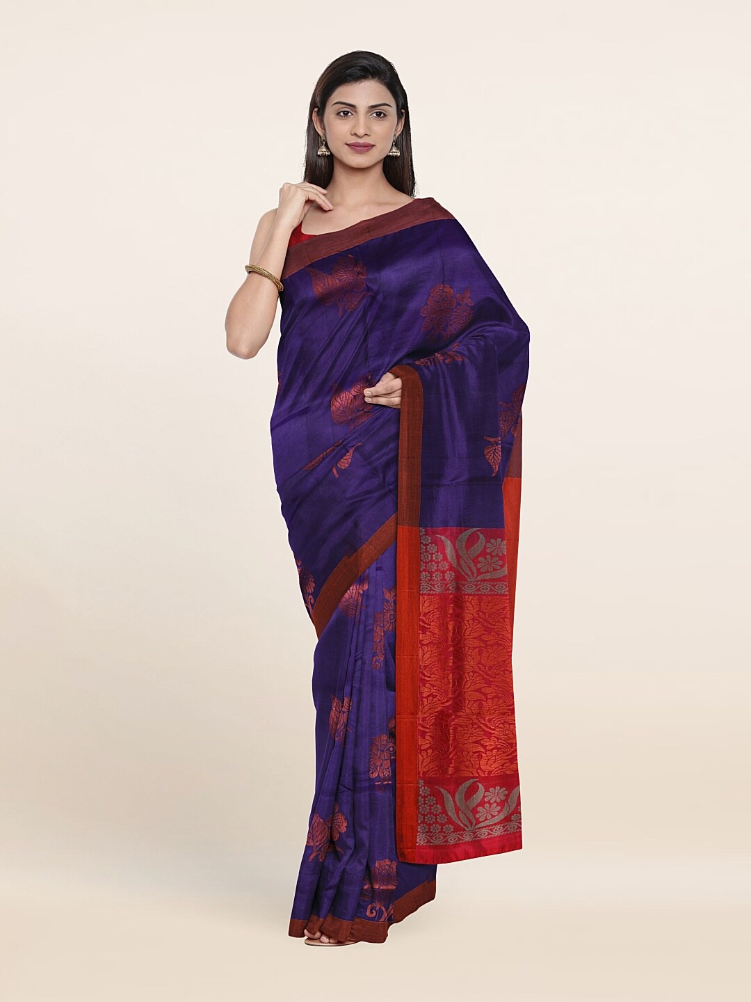 

Pothys Navy Blue & Red Ethnic Motifs Zari Pure Silk Saree