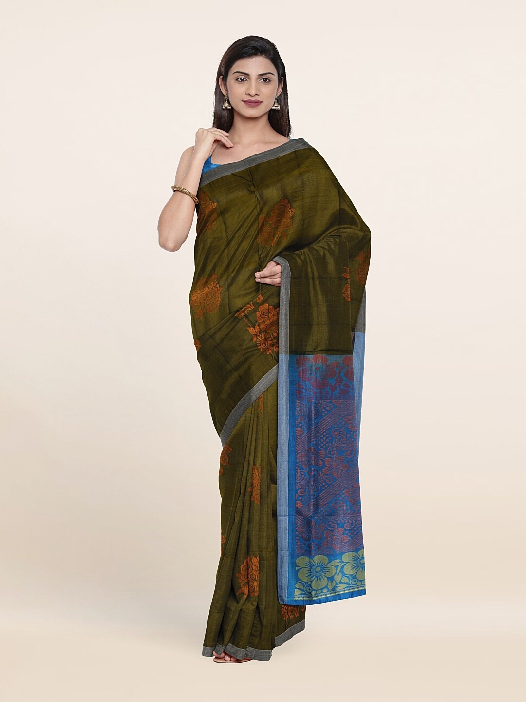 

Pothys Olive Green & Blue Ethnic Motifs Zari Pure Silk Saree