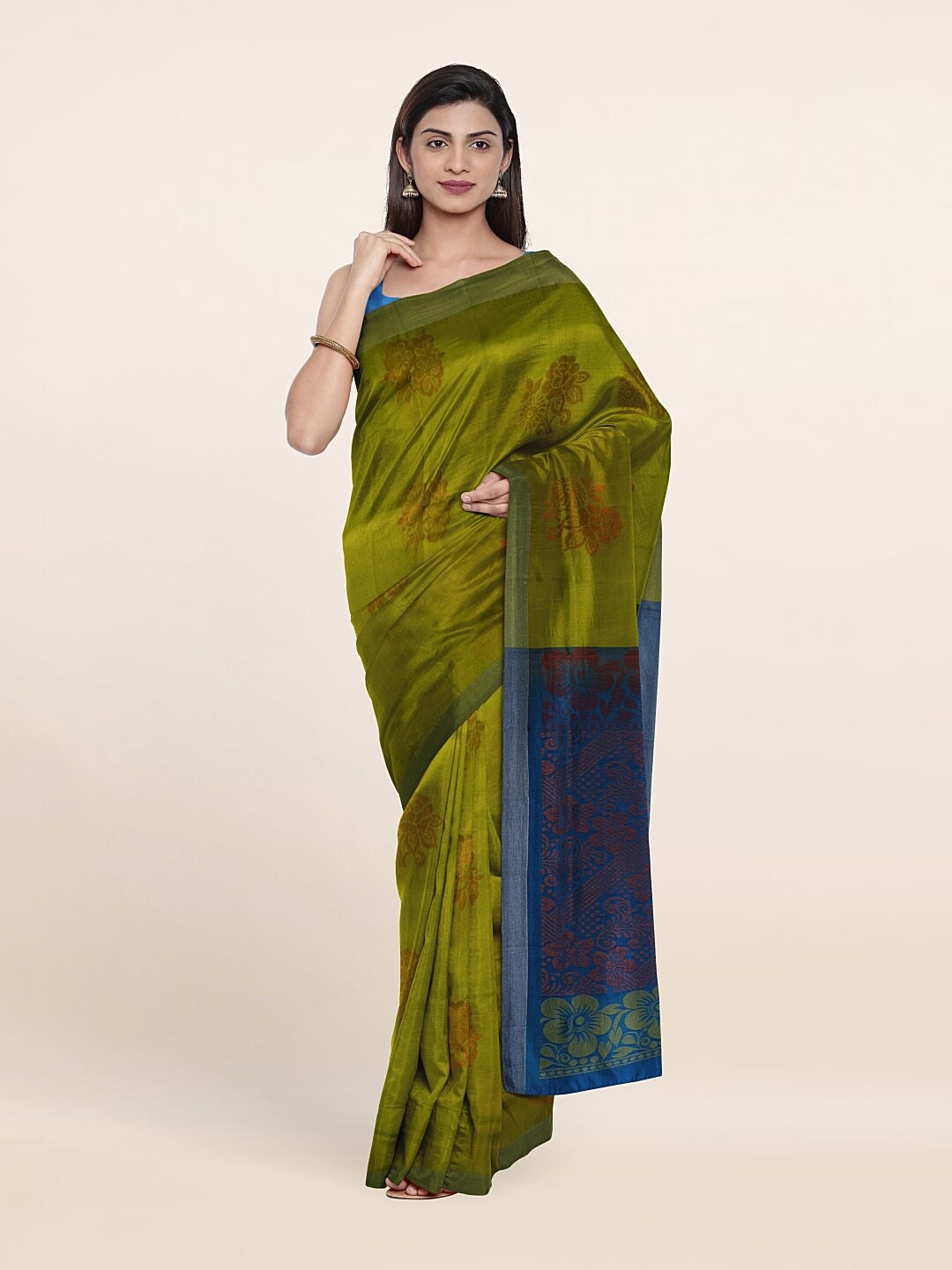 

Pothys Olive Green & Blue Ethnic Motifs Zari Pure Silk Saree