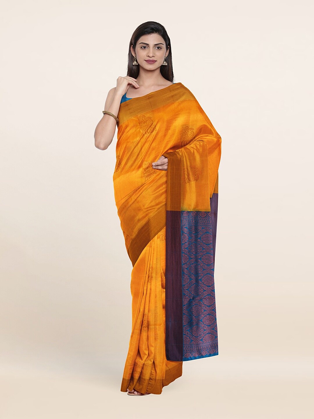 

Pothys Yellow & Blue Ethnic Motifs Pure Silk Saree