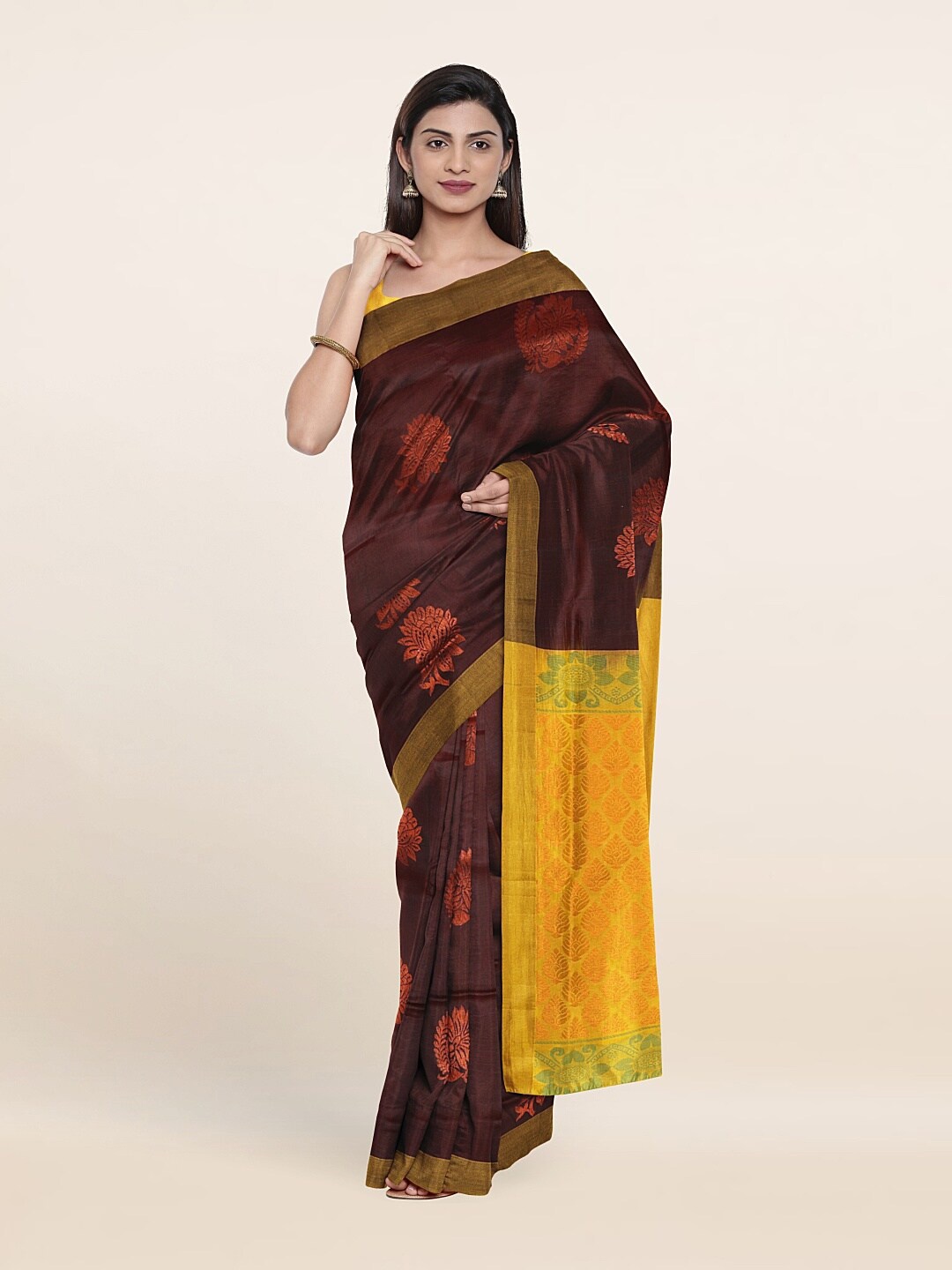 

Pothys Coffee Brown & Yellow Ethnic Motifs Zari Pure Silk Saree