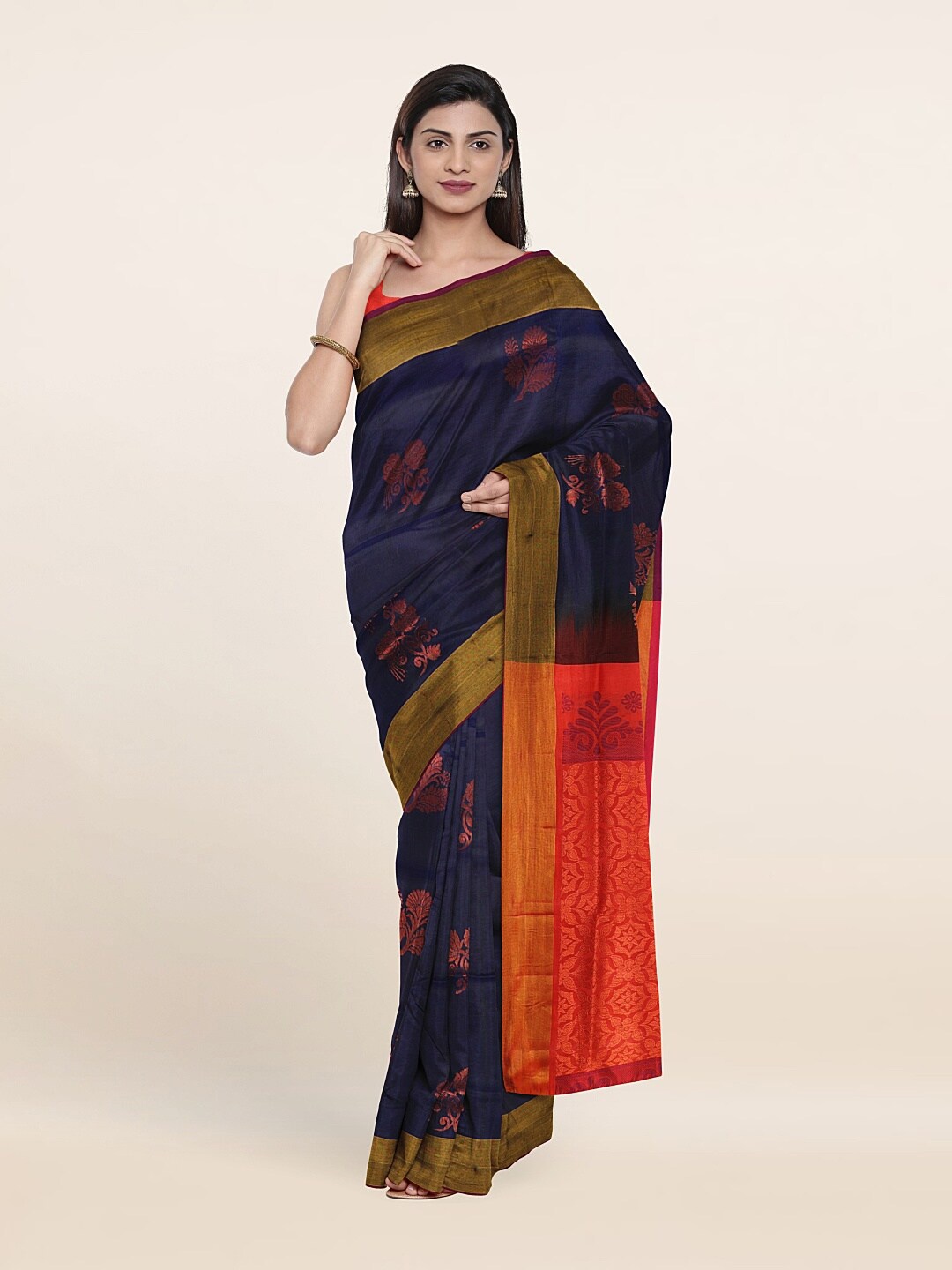 

Pothys Navy Blue & Orange Floral Zari Pure Silk Saree