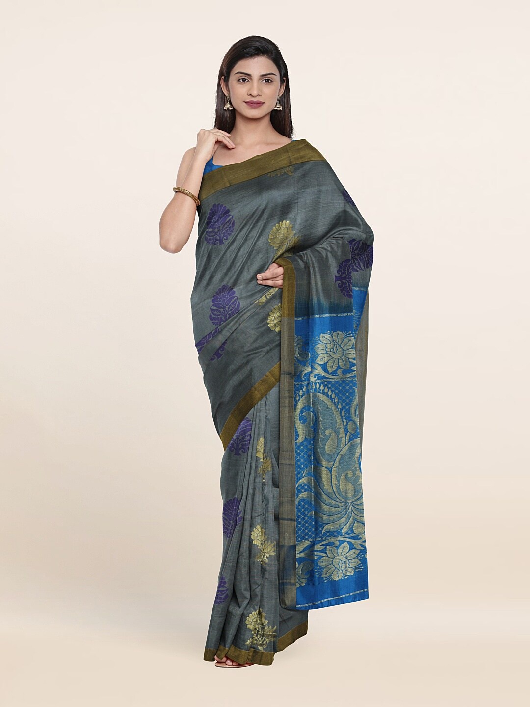 

Pothys Grey & Blue Floral Zari Pure Silk Saree