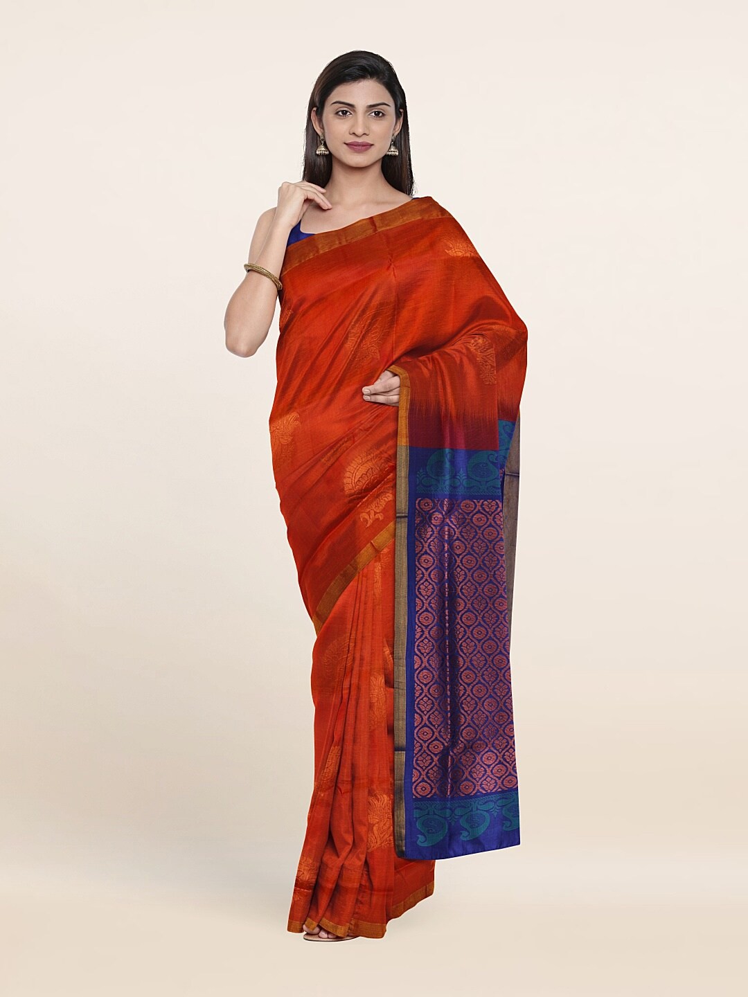 

Pothys Orange & Navy Blue Woven Design Pure Silk Saree