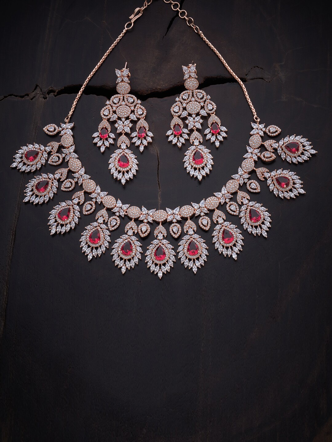 

Kushal's Fashion Jewellery Rose Gold-Plated & Ruby Studded Necklace & Earrings, Magenta