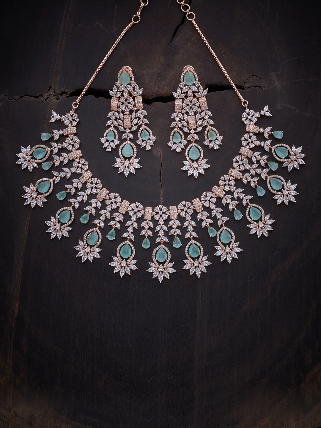 

Kushal's Fashion Jewellery Sea Green & Rose Gold-Plated CZ Jewellery Set