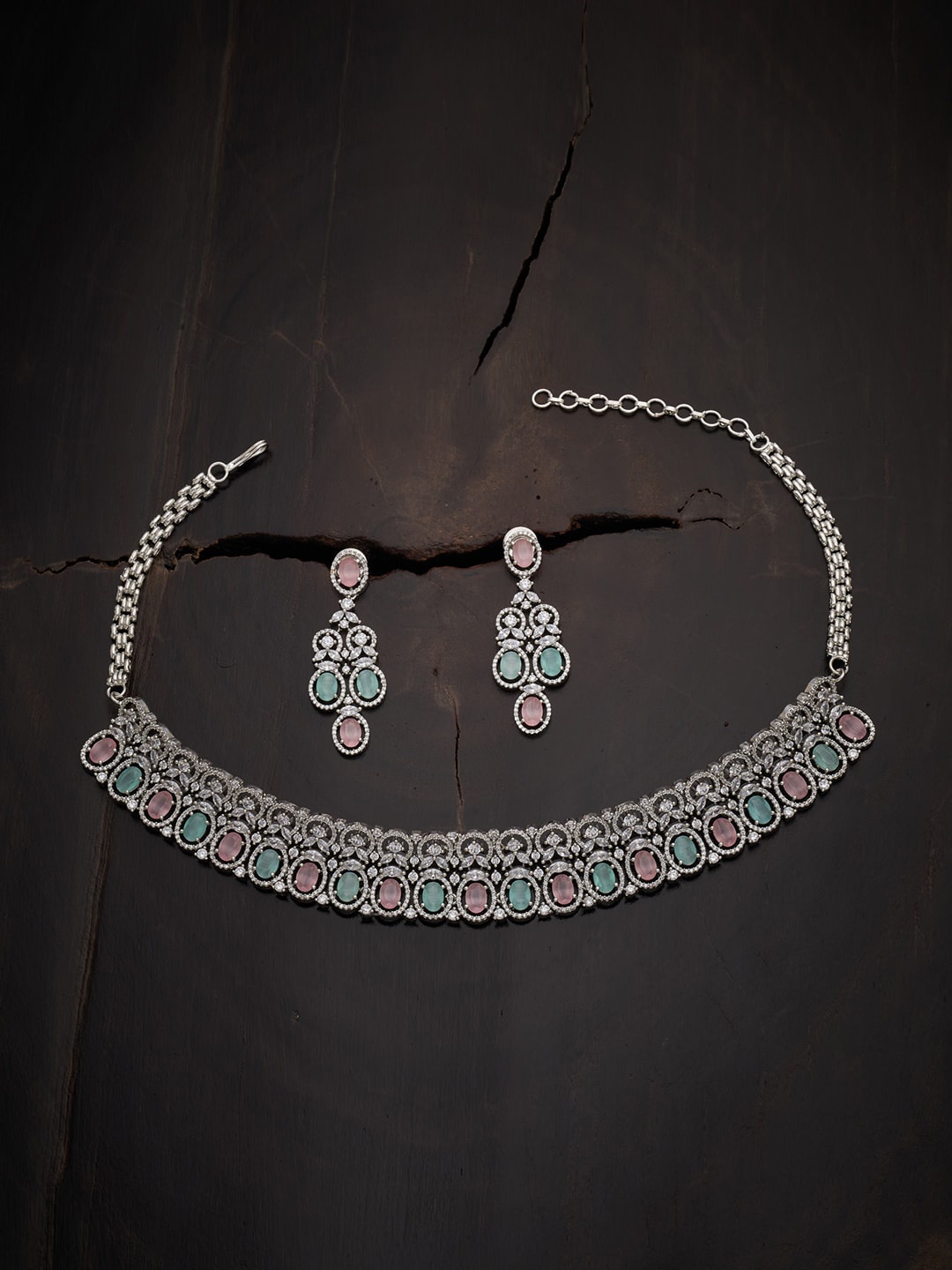 

Kushal's Fashion Jewellery Rhodium-Plated CZ Studded Jewellery Set, Pink