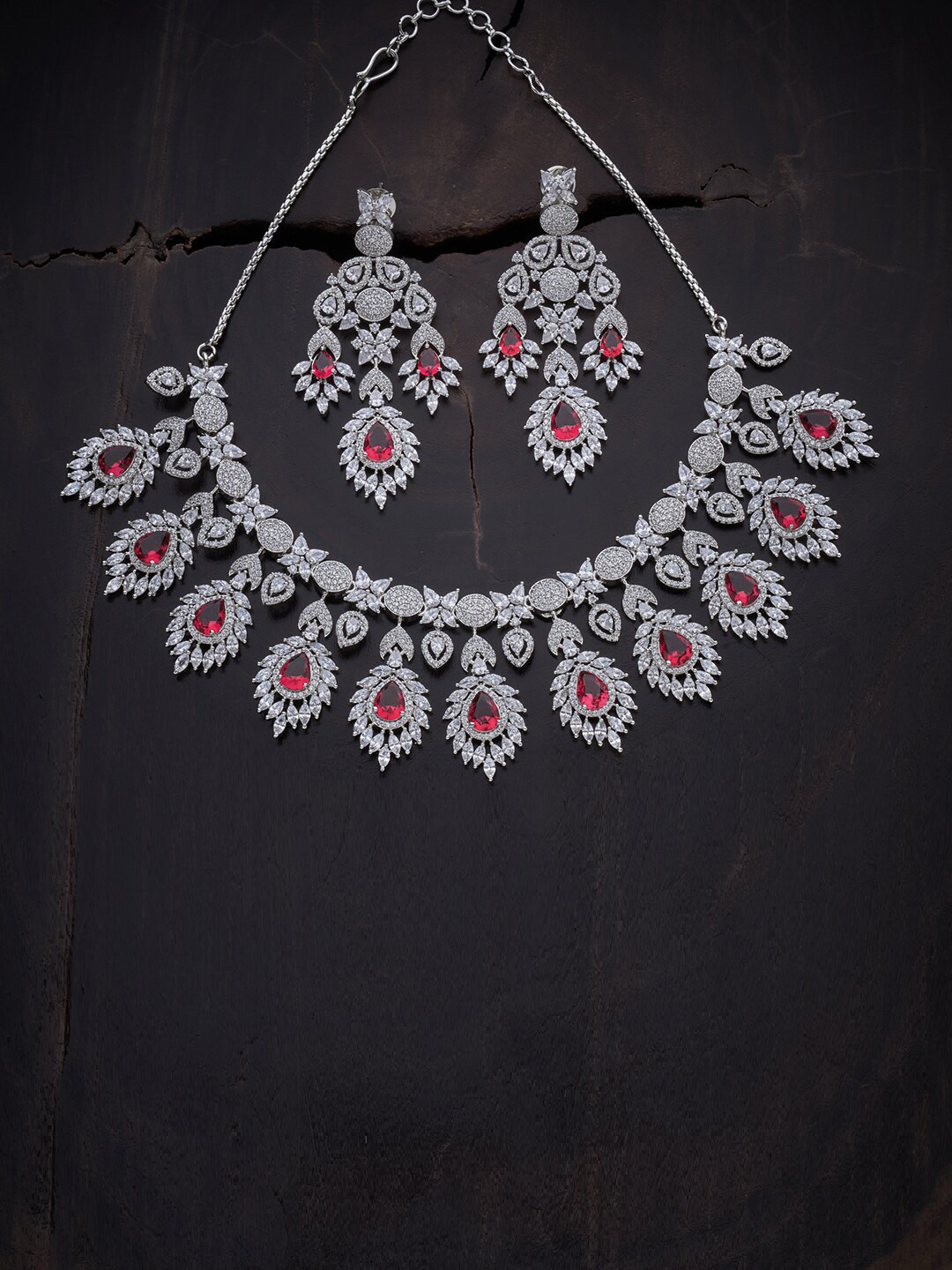 

Kushal's Fashion Jewellery Red Rhodium-Plated CZ Studded Necklace Set