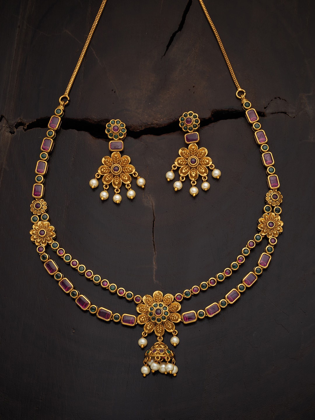 

Kushal's Fashion Jewellery Women Gold-Toned & Red Stone Beads Studded Jewellery Set