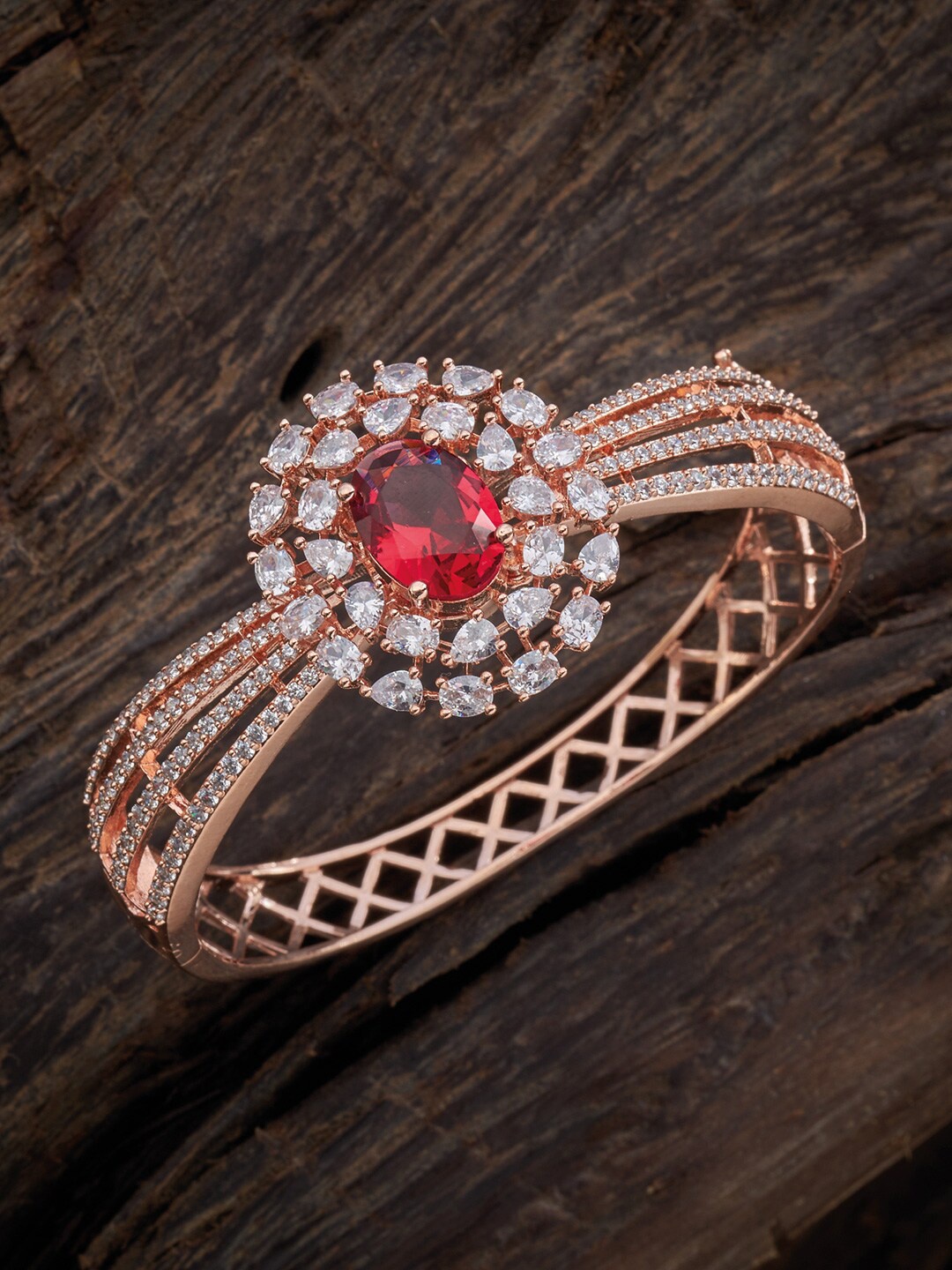 

Kushal's Fashion Jewellery Women Rose Gold & Red Cubic Zirconia Rose Gold-Plated Kada Bracelet