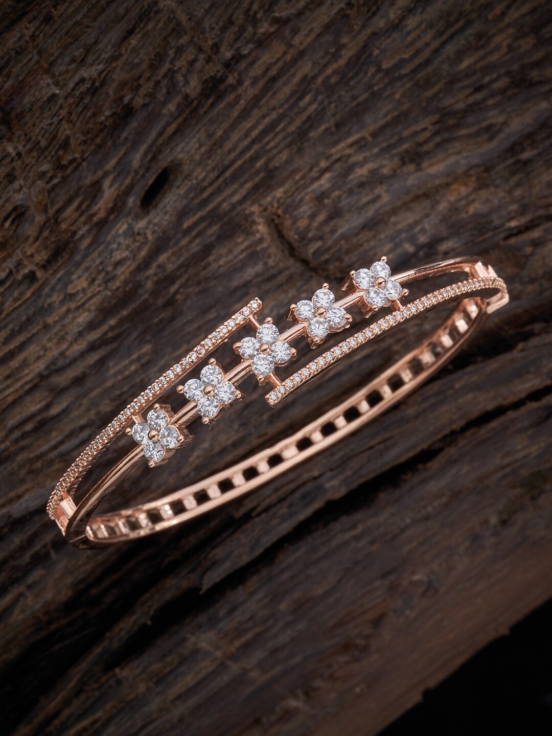 

Kushal's Fashion Jewellery Women Rose Gold & White Cubic Zirconia Rose Gold-Plated Kada Bracelet