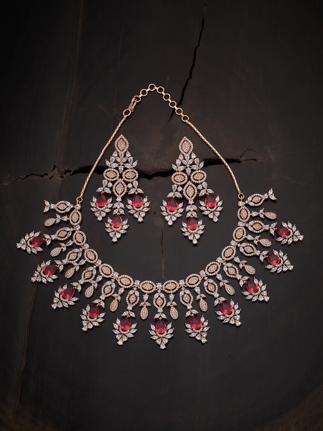 

Kushal's Fashion Jewellery Rose Gold-Plated White & Red CZ Studded Jewellery Set