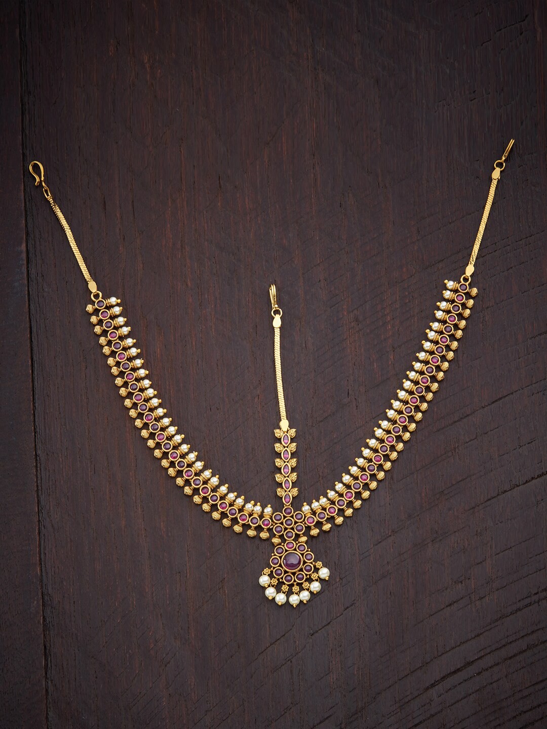 

Kushal's Fashion Jewellery Green Ruby Antique Matha Patti With Stones & Beads
