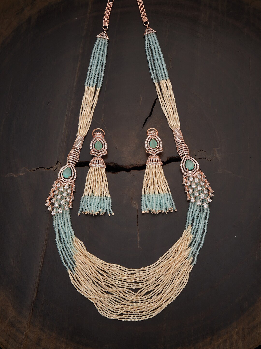 

Kushal's Fashion Jewellery Rose Gold-Plated Sea Green CZ Studded Jewellery Set