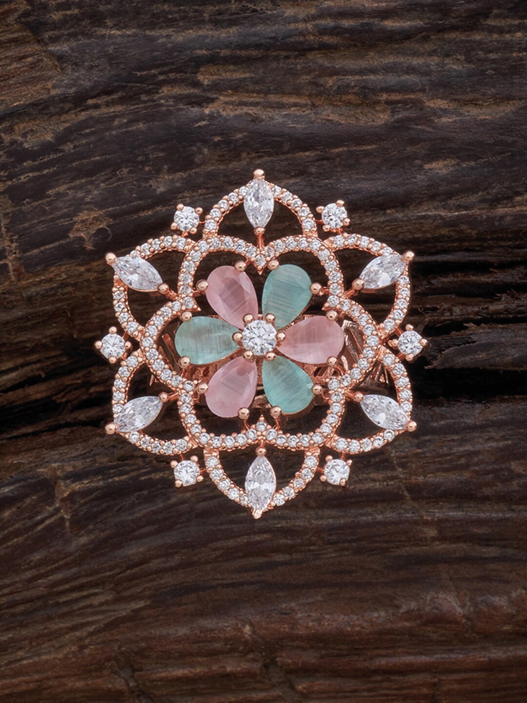 

Kushal's Fashion Jewellery Pink & Green Rose Gold-Plated CZ Studd Adjustable Finger Ring