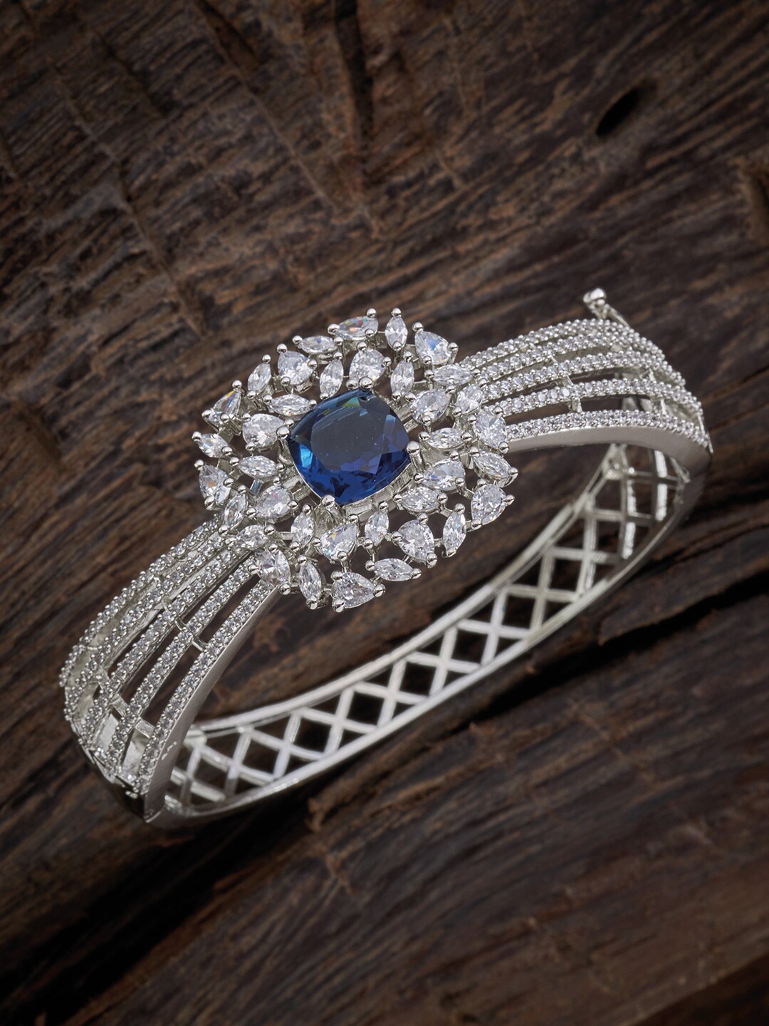 

Kushal's Fashion Jewellery Women Silver-Toned & White Cubic Zirconia Rhodium-Plated Kada Bracelet