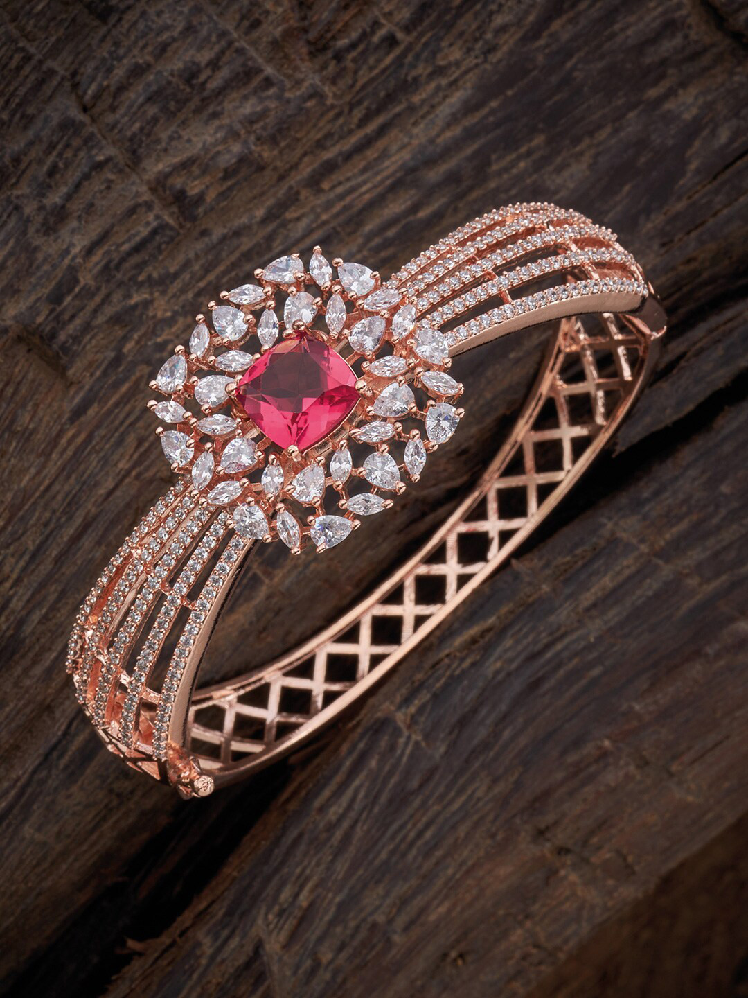 

Kushal's Fashion Jewellery Women Rose Gold & White Cubic Zirconia Rose Gold-Plated Kada Bracelet