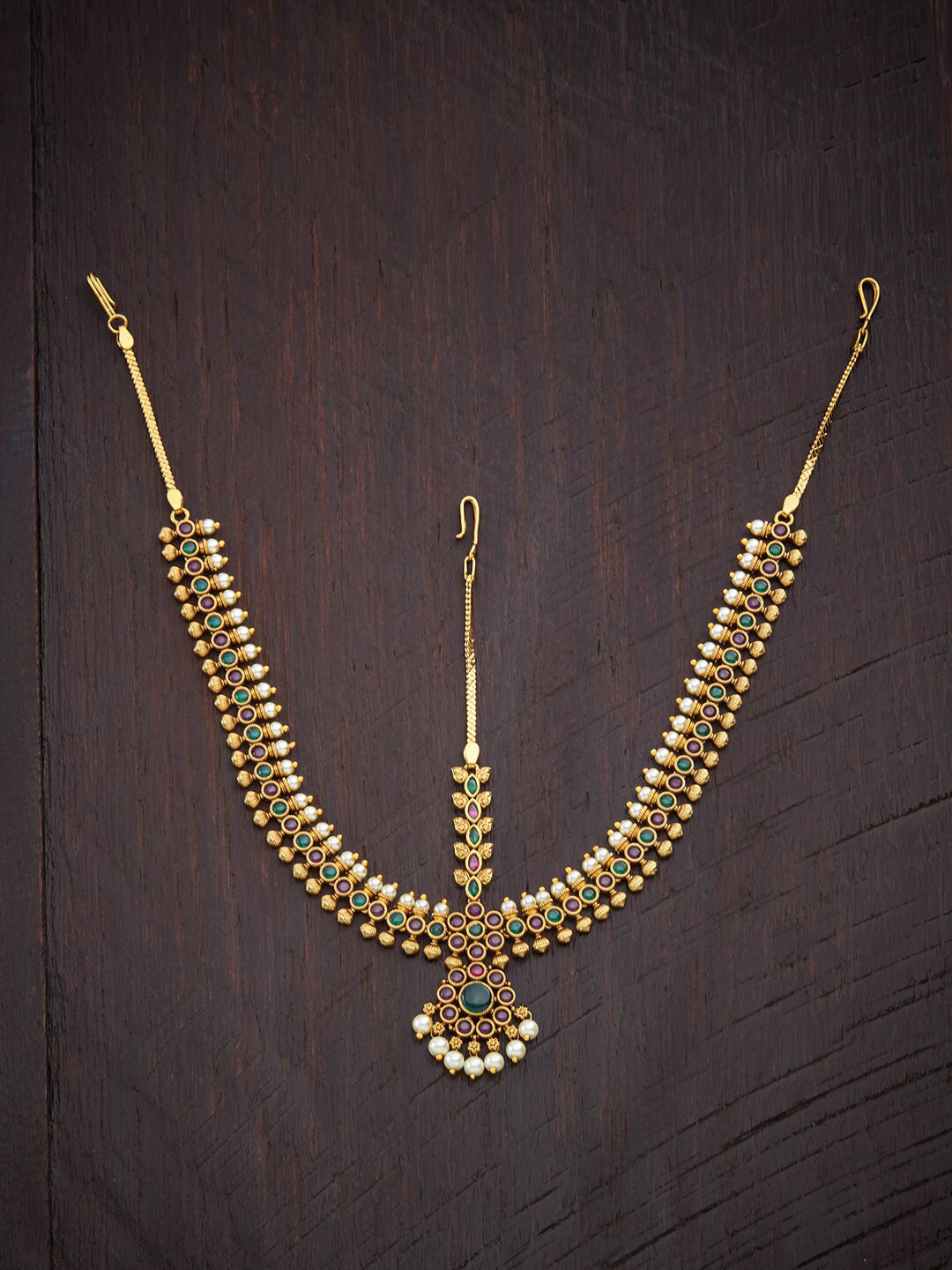 

Kushal's Fashion Jewellery Ruby & Green Stone Studded Antique Matha Patti, Red