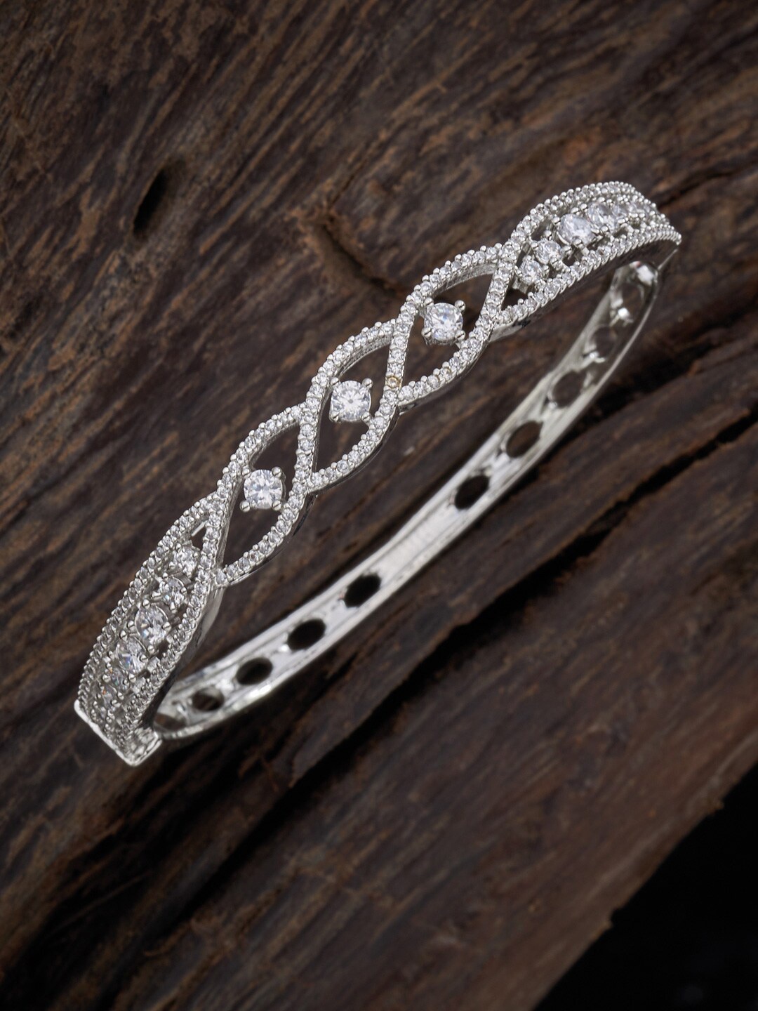 

Kushal's Fashion Jewellery Women Silver-Toned & White Cubic Zirconia Kada Bracelet