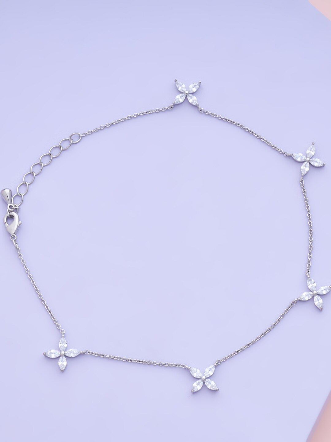 

Kushal's Fashion Jewellery White Rhodium-Plated Cubic Zirconia Stone Studded Anklet