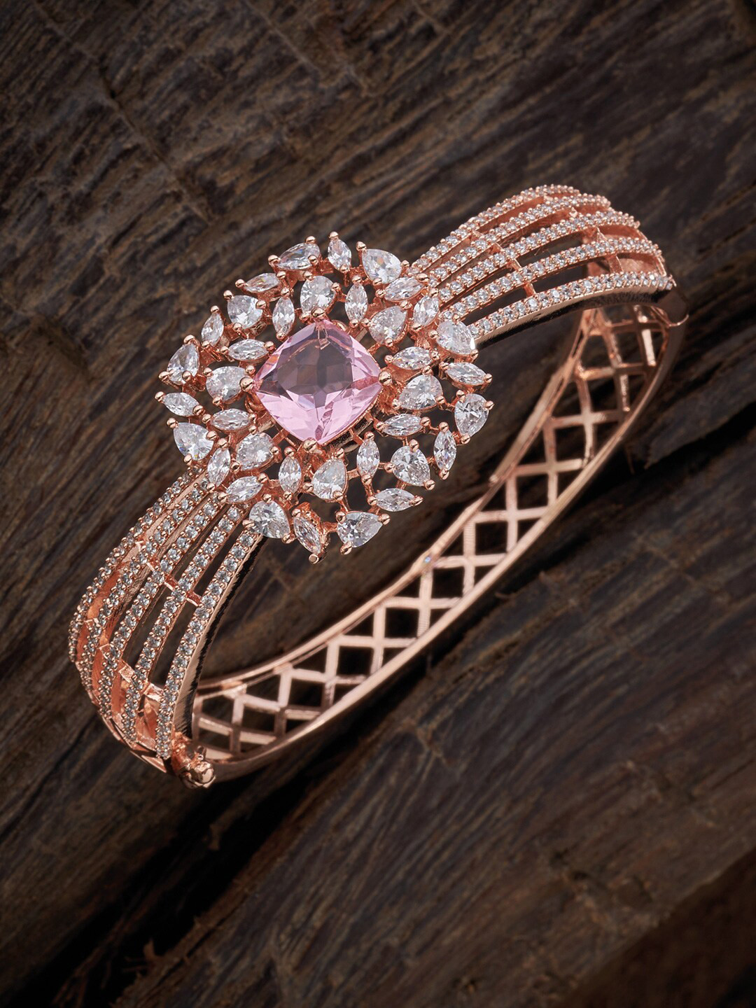 

Kushal's Fashion Jewellery Women Rose Gold & Pink Cubic Zirconia Rose Gold-Plated Kada Bracelet