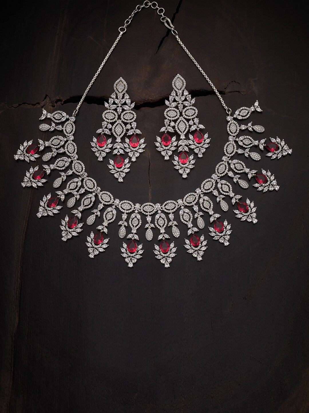 

Kushal's Fashion Jewellery Woman Ruby Rhodium Polish CZ Studded Necklace Set, Pink