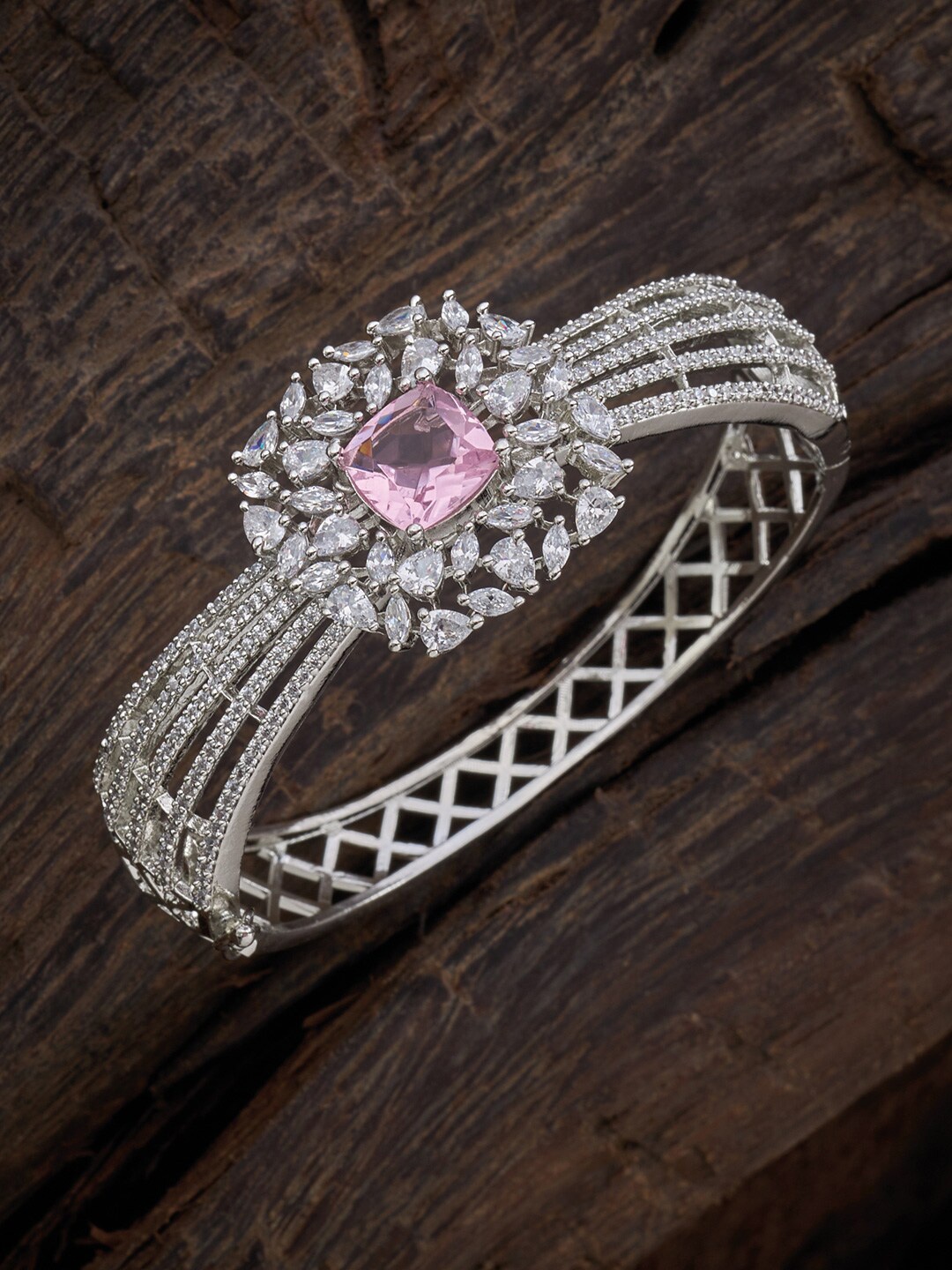 

Kushal's Fashion Jewellery Women Silver-Toned & Pink Cubic Zirconia Rhodium-Plated Kada Bracelet