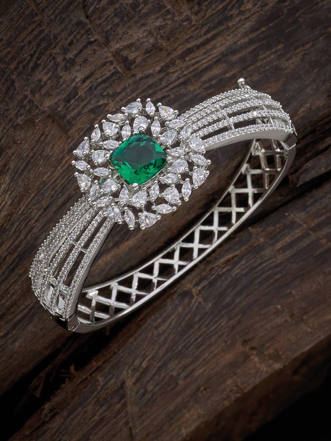 

Kushal's Fashion Jewellery Women Silver-Toned & Green Cubic Zirconia Rhodium-Plated Kada Bracelet