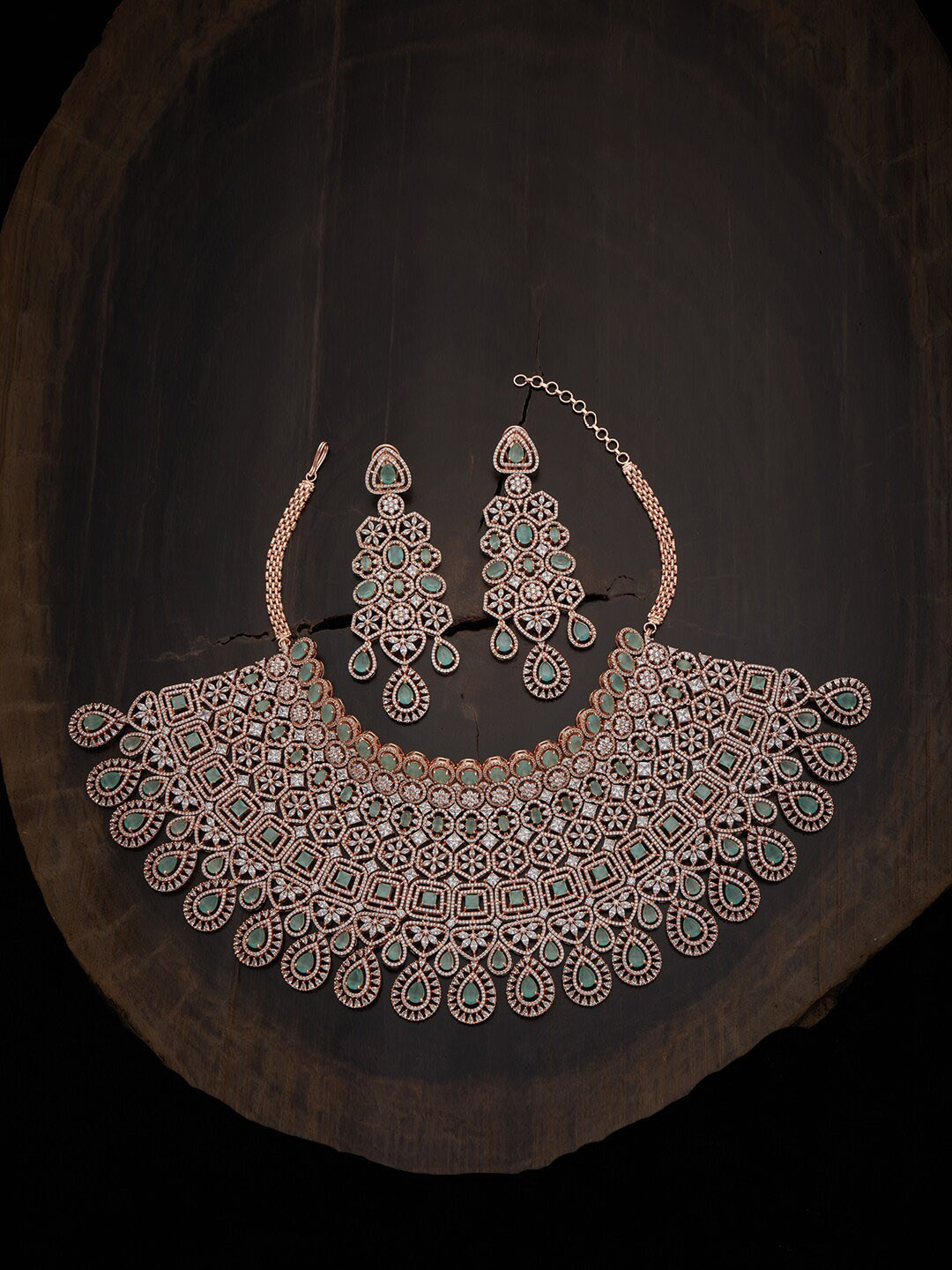 

Kushal's Fashion Jewellery Women Rose-Gold Plated & Green Stone Studded Necklace Set