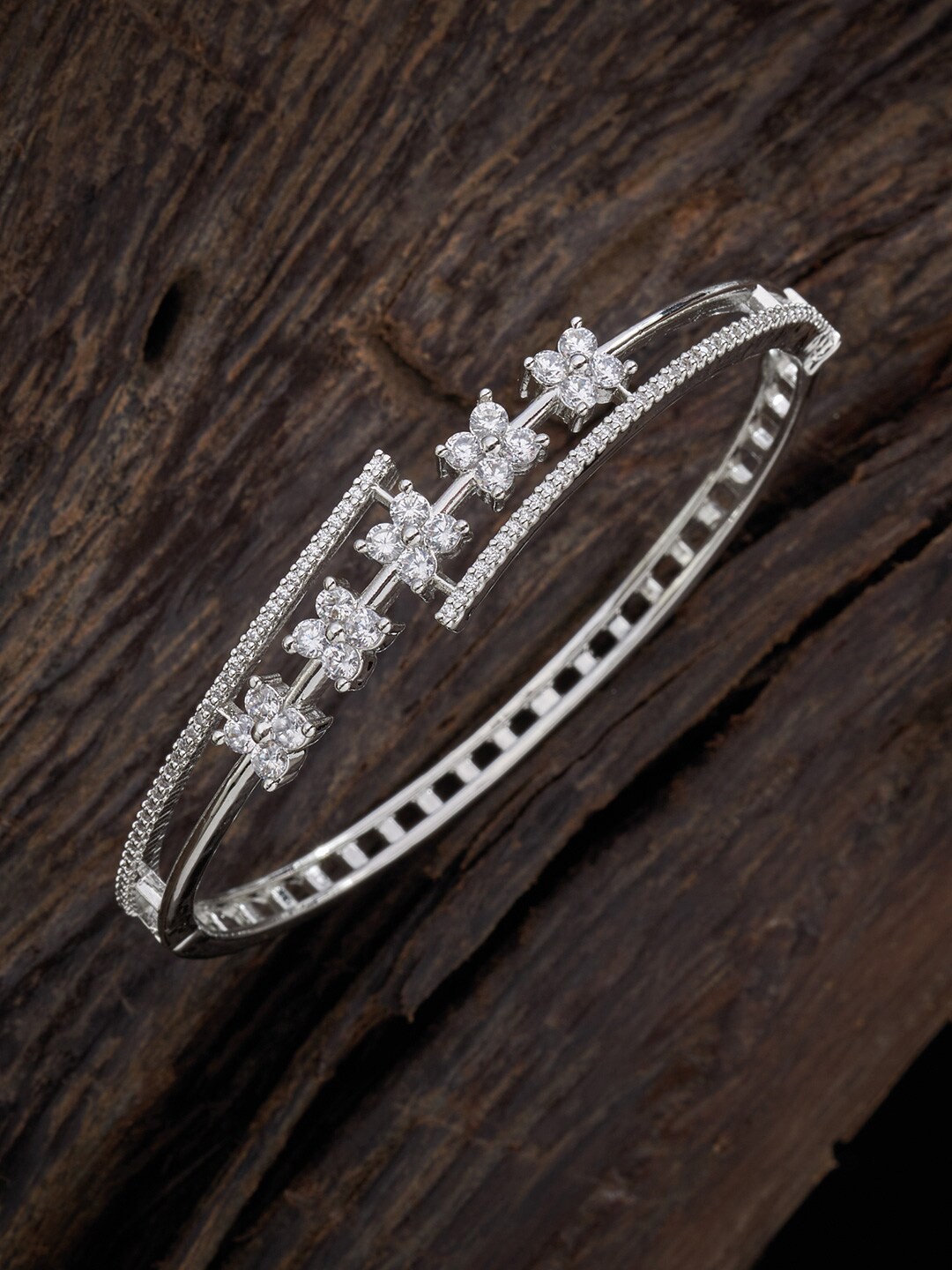 

Kushal's Fashion Jewellery Women Silver-Toned & White Cubic Zirconia Rhodium-Plated Kada Bracelet