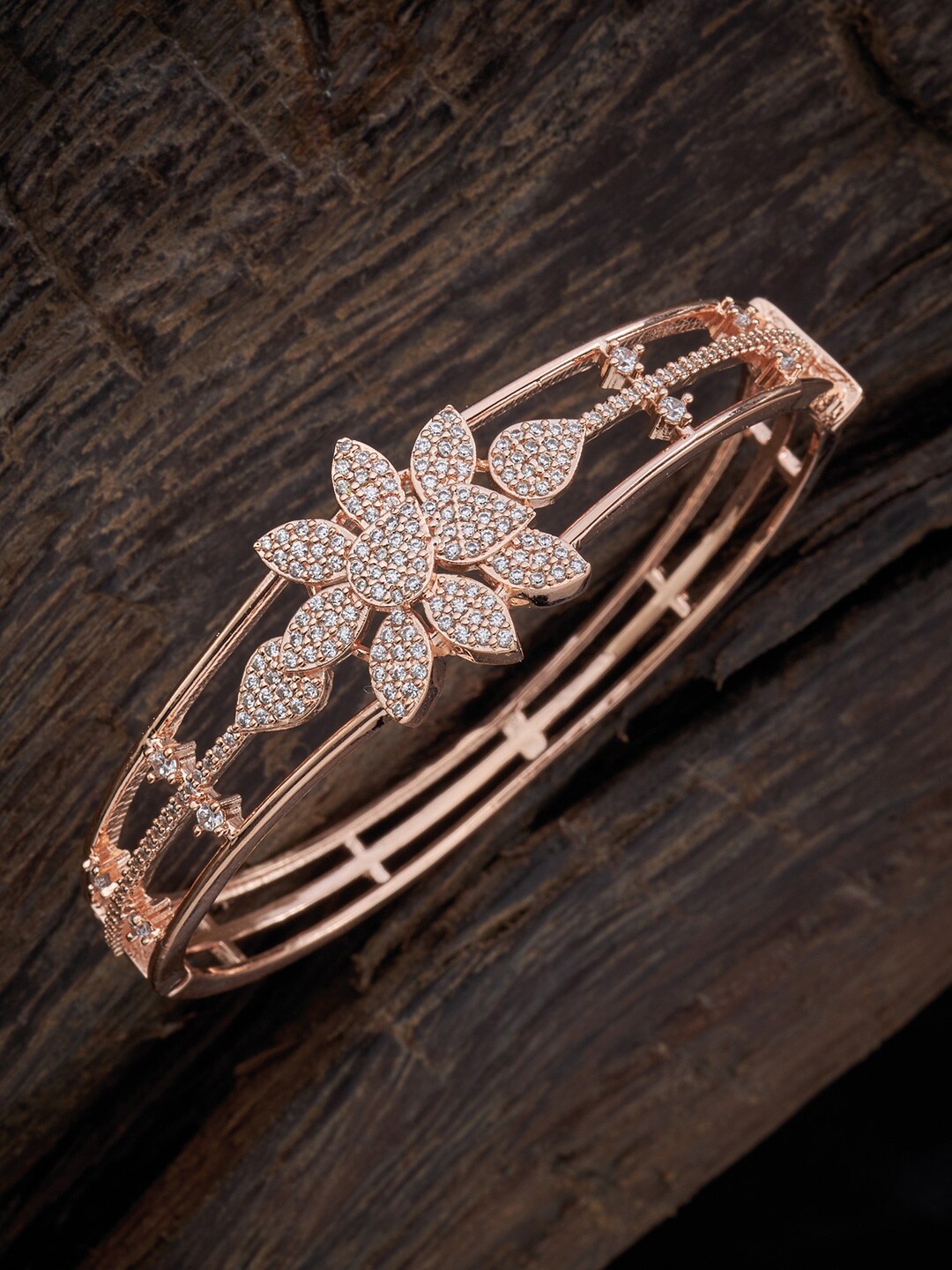 

Kushal's Fashion Jewellery Women Rose Gold & White Cubic Zirconia Rose Gold-Plated Kada Bracelet