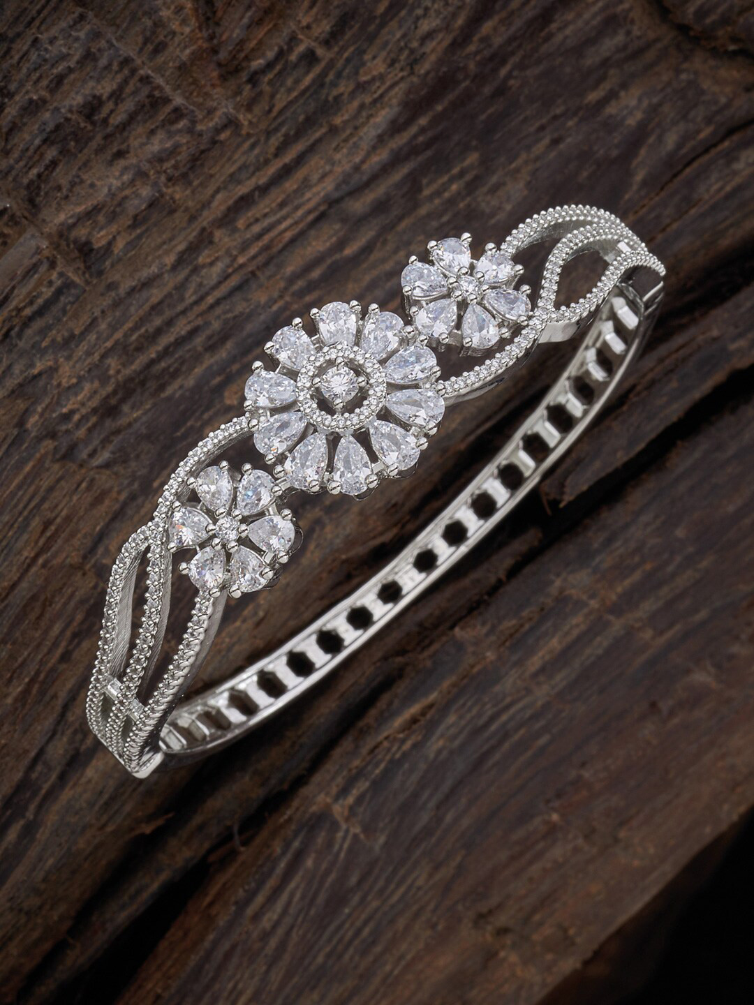 

Kushal's Fashion Jewellery Women Silver-Toned & White Cubic Zirconia Rhodium-Plated Kada Bracelet