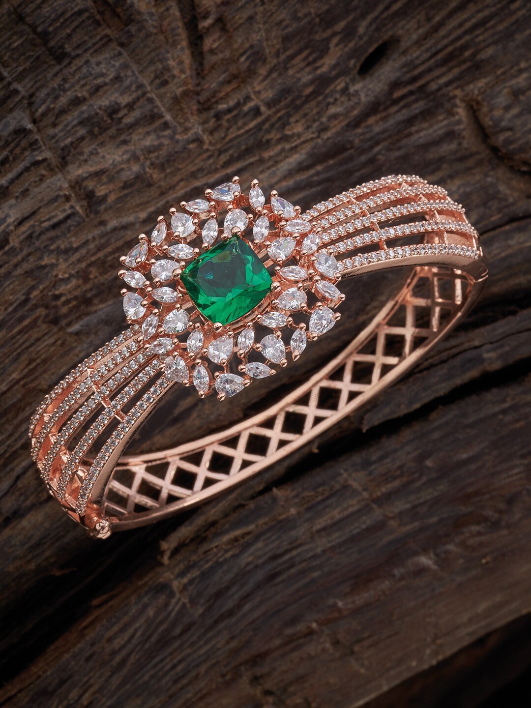 

Kushal's Fashion Jewellery Women Rose Gold & White Cubic Zirconia Rose Gold-Plated Kada Bracelet