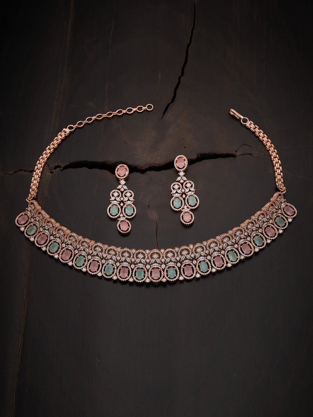 

Kushal's Fashion Jewellery Rose Gold Plated Pink CZ-Studded Choker Jewellery Set