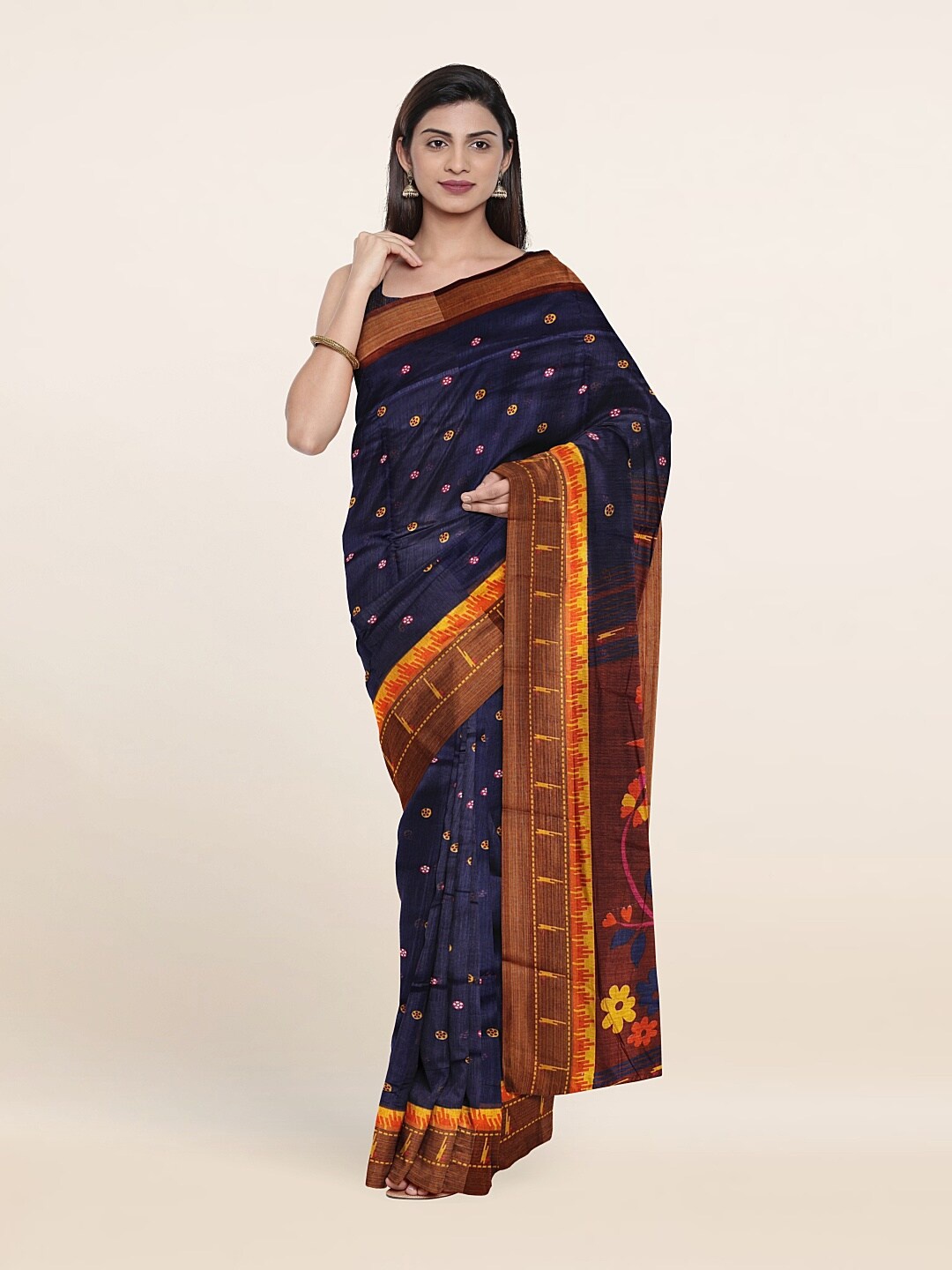 

Pothys Navy Blue & Gold-Toned Floral Zari Saree