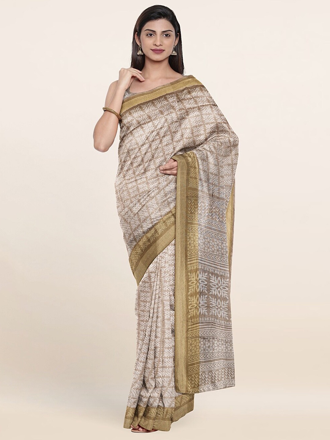 

Pothys Tan & White Floral Saree