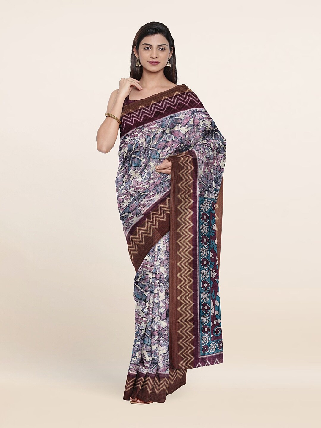

Pothys Cream-Coloured & Purple Floral Printed Saree