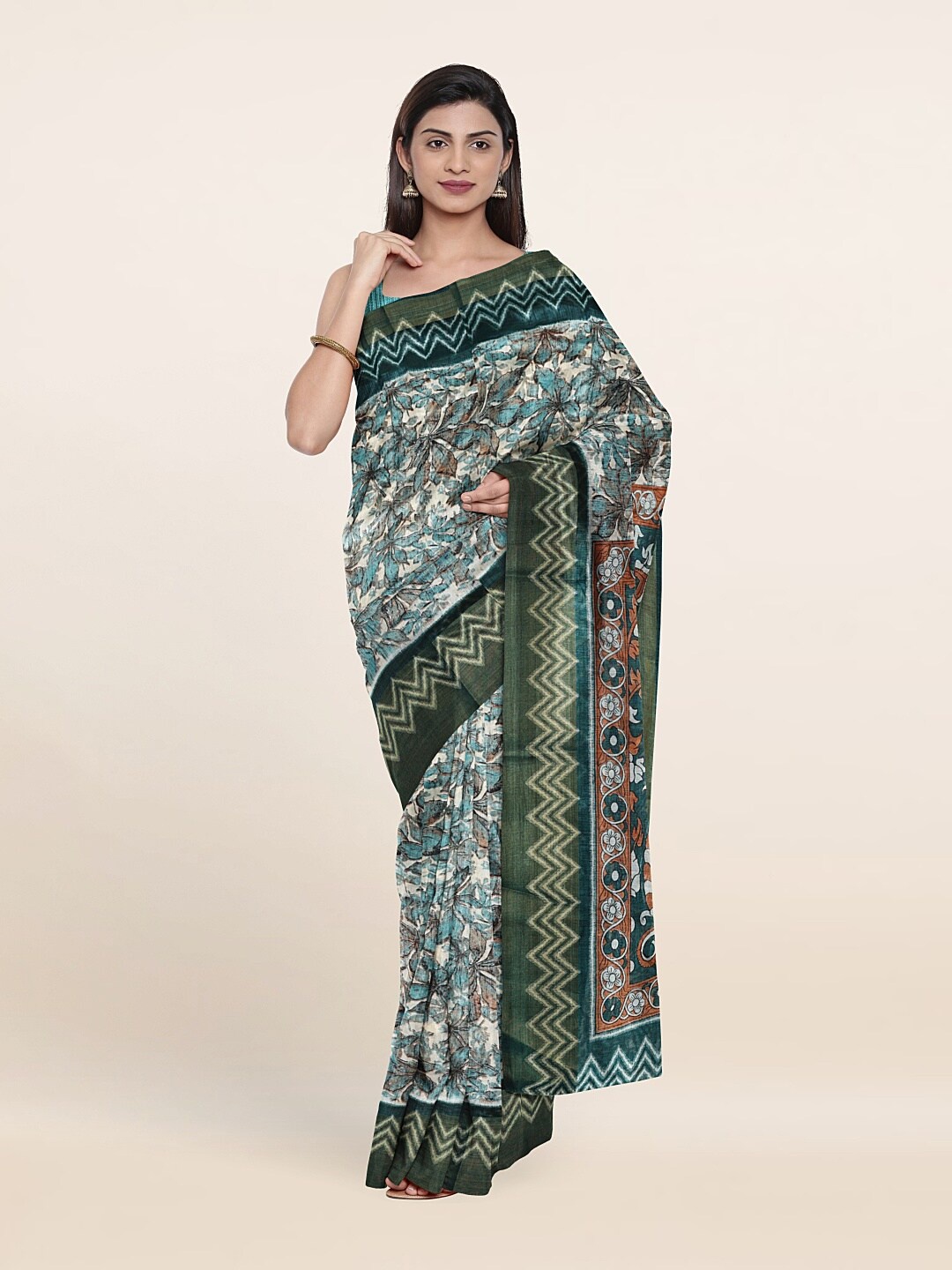 

Pothys Blue & Orange Floral Printed Saree
