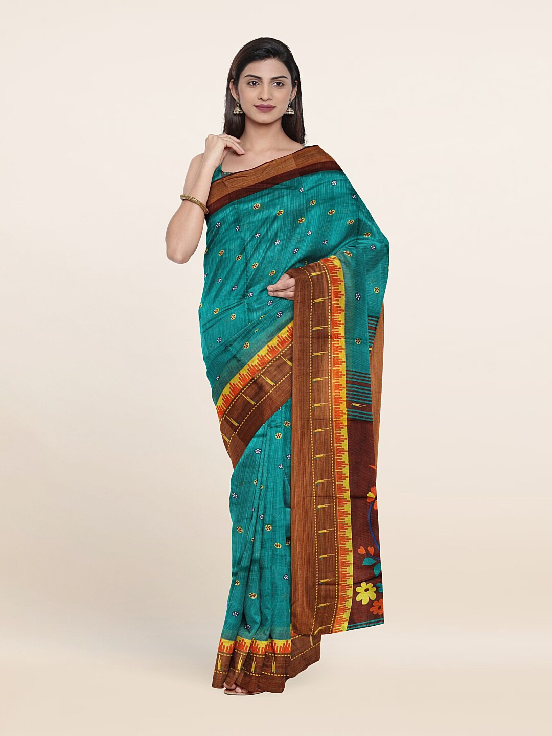 

Pothys Green & Yellow Floral Printed Zari Saree