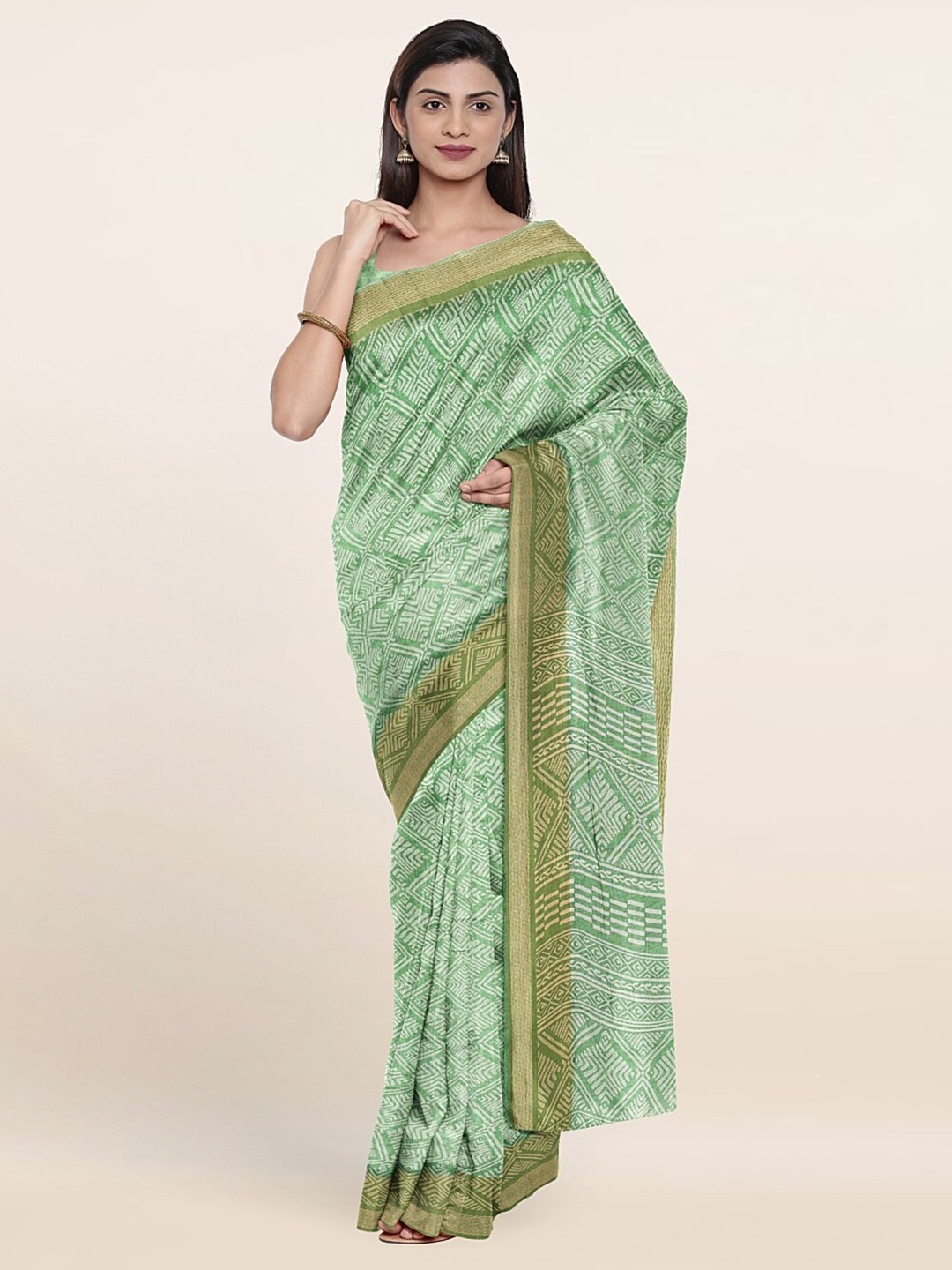 

Pothys Green & Gold-Toned Zari Printed Saree