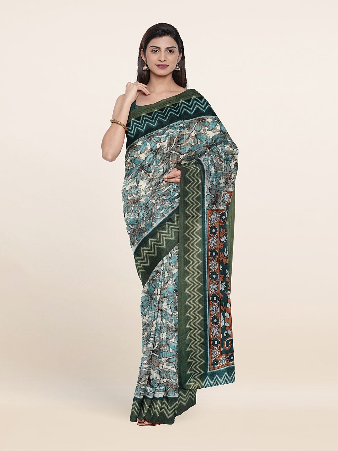 

Pothys Blue & Cream-Coloured Floral Printed Cotton Blend Saree