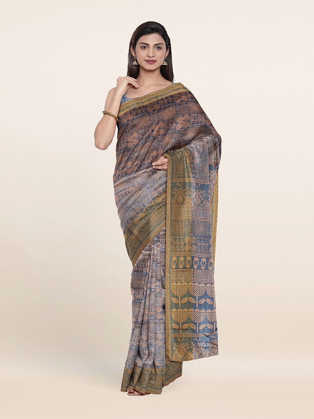 

Pothys Blue & Gold-Toned Floral Saree