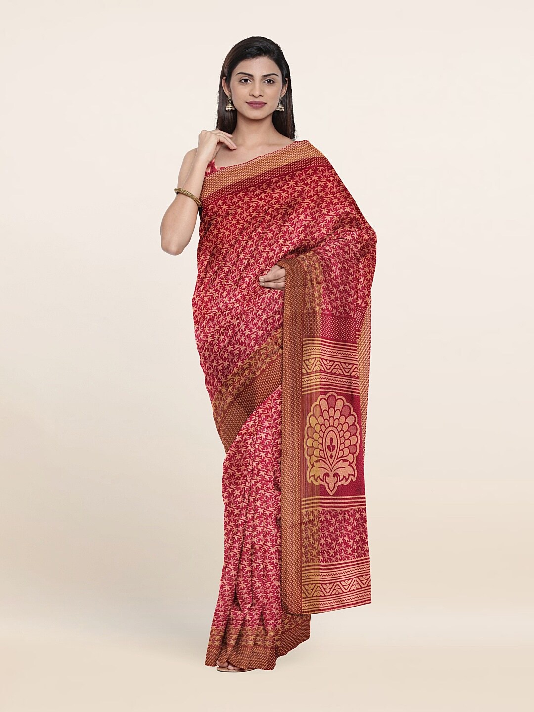 

Pothys Red & Cream-Coloured Zari Saree