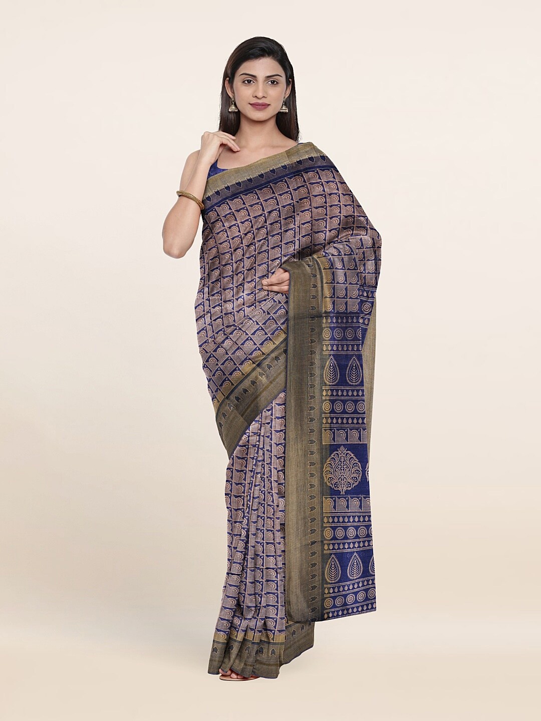 

Pothys Blue & Green Cotton Blend Floral Saree