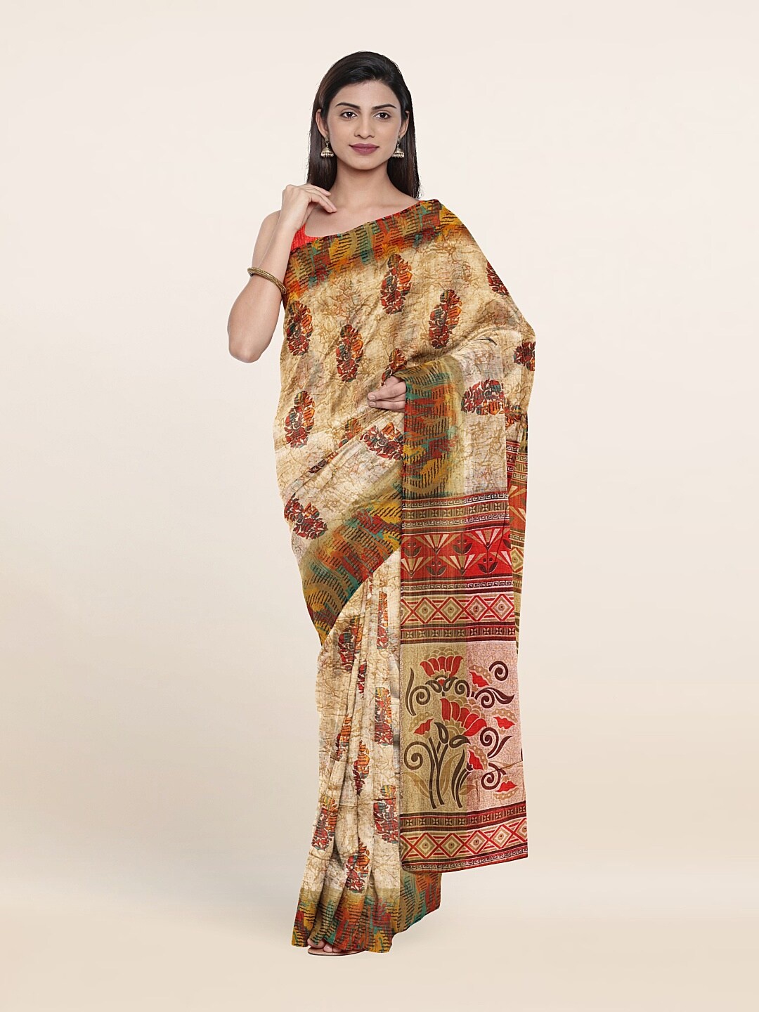 

Pothys Cream-Coloured & Red Cotton Blend Floral Saree